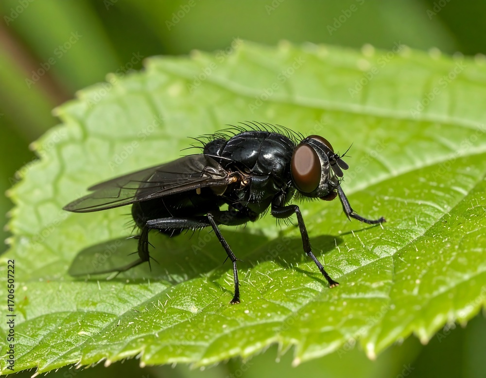 Close-up of a black fly on a green leaf Close-up of a black fly on a green leaf