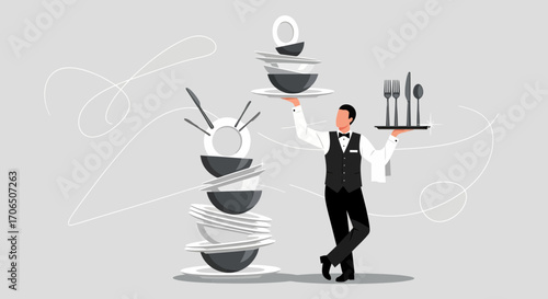 Elegant Waiter Balancing Dishes and Utensils Performing Skillful Restaurant Service