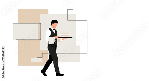 Elegant Waiter Carrying Tray With Graphic Shapes In A Minimalist And Modern Illustration
