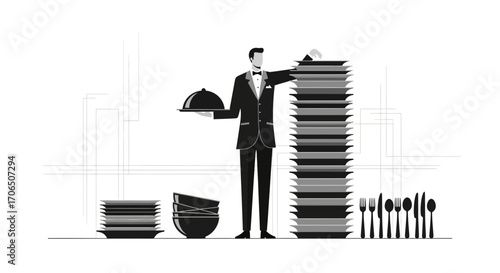 Elegant Waiter Balancing Serving Tray and Plates to Present Culinary Service.