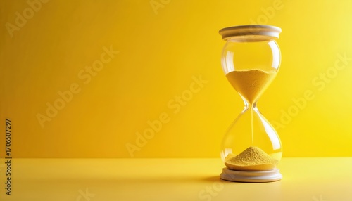Glass hourglass with yellow sand sits on bright yellow background. Minimalist object time measurement, countdowns, vintage design. Elegant shape, contrasting shadow create cheerful, energetic mood,