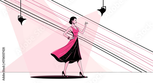Elegant Woman In Stylish Dress Dancing Under Stage Lights Captivating Moment on Display