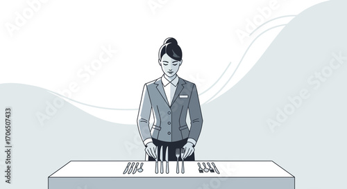 Elegant Woman In Uniform Arranging Utensils On A Table For A Formal Dinner