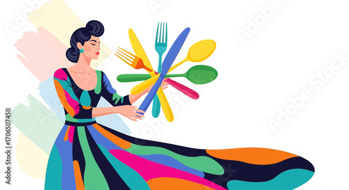Elegant Woman Holding Colorful Cutlery Depicting Gastronomy And Culinary Arts