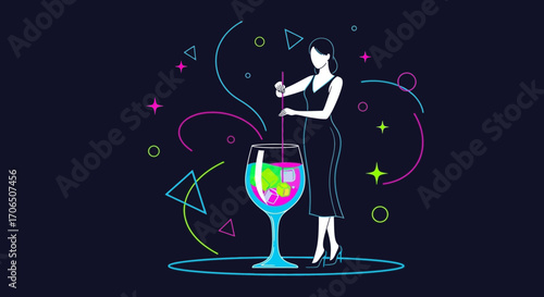 Elegant Woman Prepares Cocktail In A Vibrant And Creative Party Themed Illustration