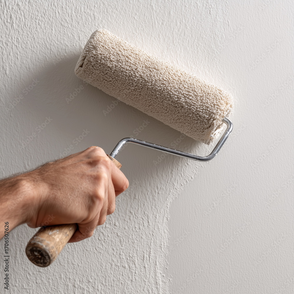 Obraz premium Hand holds paint roller applies fresh coat of beige paint to white wall. Meticulous painting technique. Soft natural light, texture of paint and smooth surface being covered