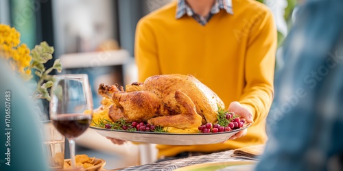 Man is holding a turkey on a plate