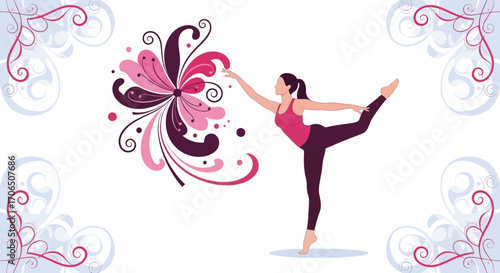 Elegant Yogi Embracing Balance, Harmony, And Blooming Floral Designs For Wellness