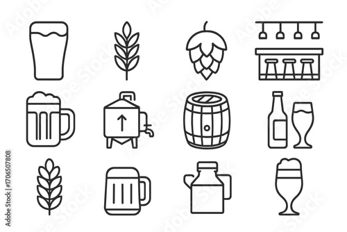 Brewing process showcasing ingredients and beer types in a simple design with various vessels and glasses