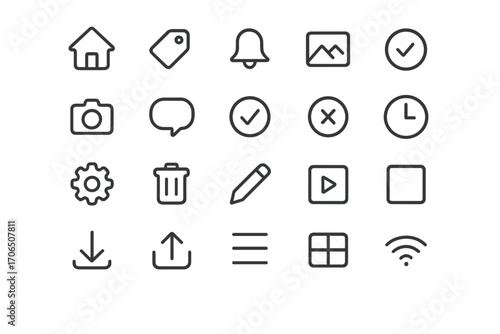 Collection of minimalistic icons for user interface design in modern applications