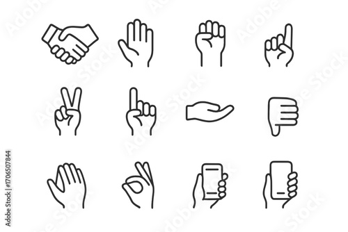 Various hand gestures representing communication and interaction in a simple graphic design