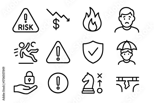 Collection of risk management icons depicting various hazards and protective measures in a business context