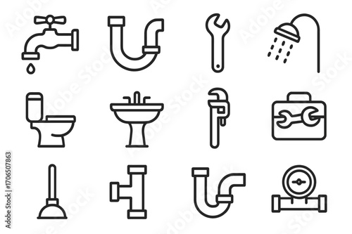 Essential plumbing tools and fixtures displayed in a grid layout for home improvement projects