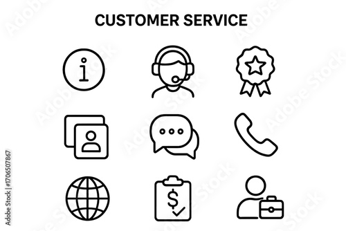 Icons representing customer service elements including communication, support, and global reach in a simple design