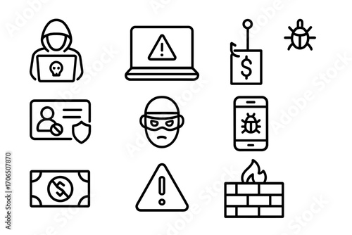 Graphic illustration depicting various cybersecurity threats and concerns related to online safety and hacking