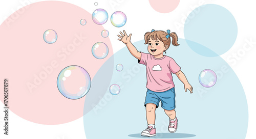 Enchanting Young Girl Happily Playing With Bubbles Against Colorful Abstract Background Scene