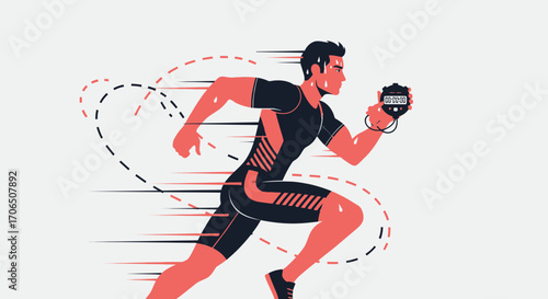 Energetic Athlete Focused On Sprinting And Time Keeping With Stopwatch To Win The Competition