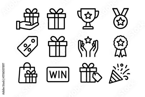 Icons representing gifts, awards, and celebrations in a minimalist design suitable for promotional materials and digital media