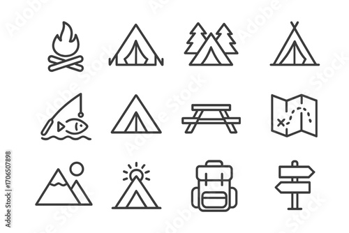 Camping symbols and illustrations showing outdoor activities in nature with tents, fire, and navigation items