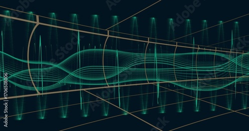 Weaving turquoise dotted waveform through 3D grid envelope space with light spikes and gold axes