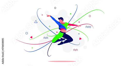 Energetic Ballet Dancer Executing A Dynamic Jump With Unique Geometric Elements