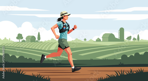 Energetic Athlete Trail Running In Fields Under The Sunlit Sky With Serene Countryside