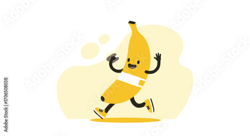 Energetic Banana Character Sprinting with Phone and Joyful Expression on a Vibrant Background