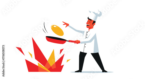 Energetic Chef Frying Eggs in a Pan with Explosive Visual Effects on White Background