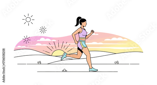 Energetic Female Athlete Running at Sunrise Capturing Morning Exercise and Healthy Lifestyle