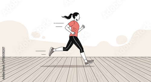 Energetic Female Runner Sprinting Across Wooden Surface Emphasizing Fitness And Motion