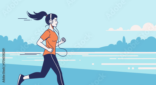 Energetic Female Running Outdoors While Listening To Music In A Peaceful Environment
