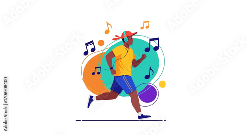 Energetic Individual Jogging While Listening To Music With Musical Notes Around Him