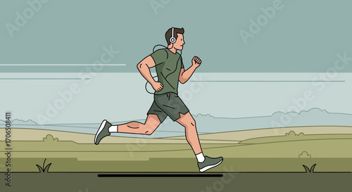 Energetic Individual Running Amidst Nature, Enjoying Music during Outdoor Exercises
