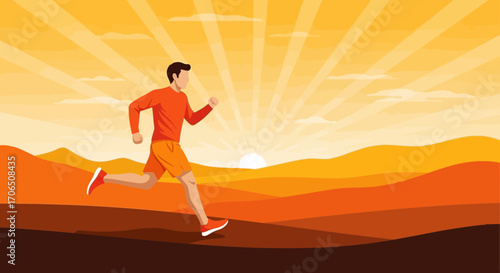 Energetic Individual Running Towards a Bright Sunrise Depicting Motion and Positivity
