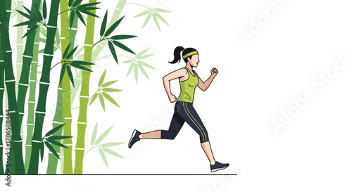 Energetic Jogger Passing Decorative Bamboo, Embracing Fitness And Natural Beauty