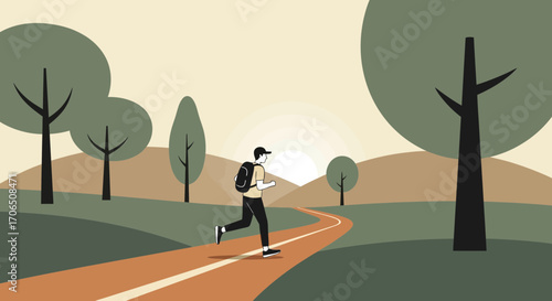 Energetic Person Running Outdoors on a Pathway Towards the Sunset and Nature