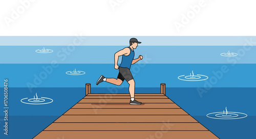 Energetic Male Running Along Pier Next To the Calm Waters, During Recreational Sport Activities