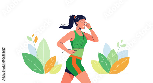 Energetic Runner Enjoying Her Outdoor Workout In The Fresh Air And Listening To Music