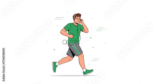 Energetic Runner Enjoying Music During Morning Jog, Sporty Lifestyle Illustrated.