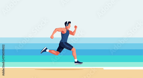 Energetic Runner Enjoying Exercise Near the Tranquil Seaside with Music Headphones