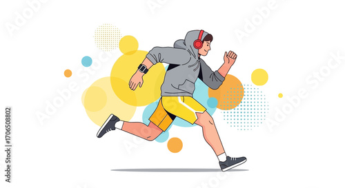 Energetic Runner In Motion Wearing Headphones And Smartwatch Jogging For Health And Wellness