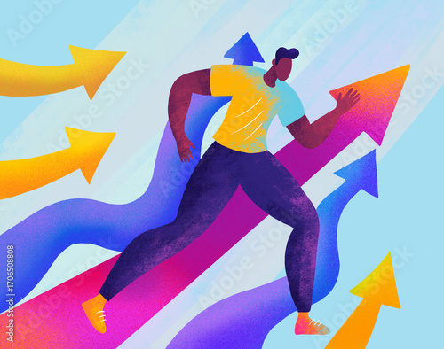 Man running towards success with upward arrows in bright colors