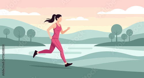 Energetic Runner in Pink Activewear Enjoying a Joyful Morning Run and Scenic Landscape