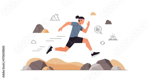 Energetic Runner Leaping Over Rocky Terrain Against Abstract Landscape Background