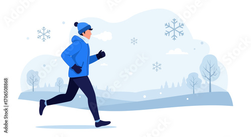 Energetic Runner in Winter Landscape, Ideal for Fitness And Exercise Themes