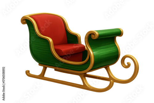 Green and red christmas sleigh with golden details on transparent background