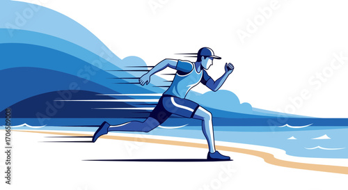 Energetic Runner Sprinting Along a Coastal Horizon Vector Illustration Visual Design
