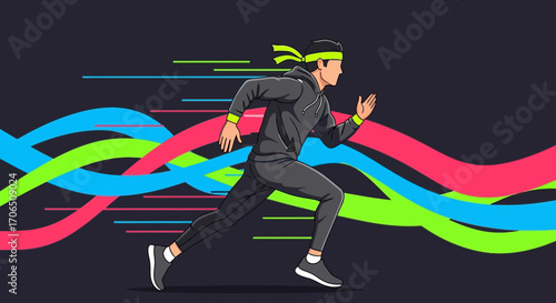 Energetic Runner with Dynamic Colors Representing Speed and Forward Momentum