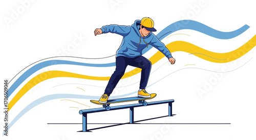 Energetic Skateboarder Balancing On Railing With Dynamic Abstract Design For Modern Appeal