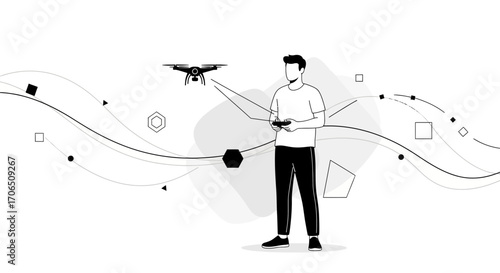 Drone Pilot Operating A Flying Device With Minimalist Design And Futuristic Elements